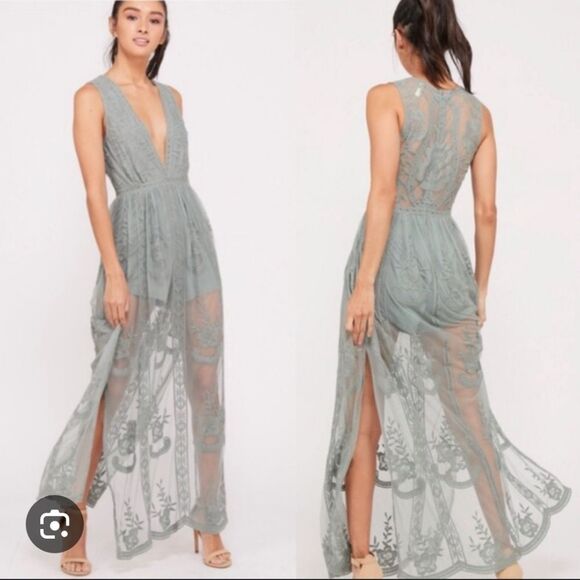 Wishlist Sage Green Lace Maxi Romper Event Graduation Dress Size Large - Picture 1 of 11